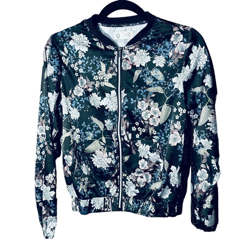 Asian Floral Bomber Jacket Zip Front Black